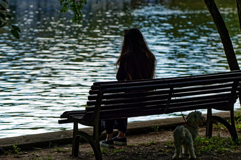 8 - Person sitting on a wooden bench by a lake, a common setting in photography used to depict themes of solitude or introspection